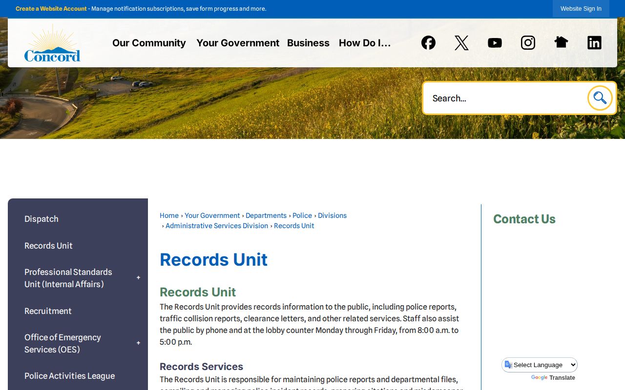 Concord Police Records Unit arrest record request information in Contra Costa County