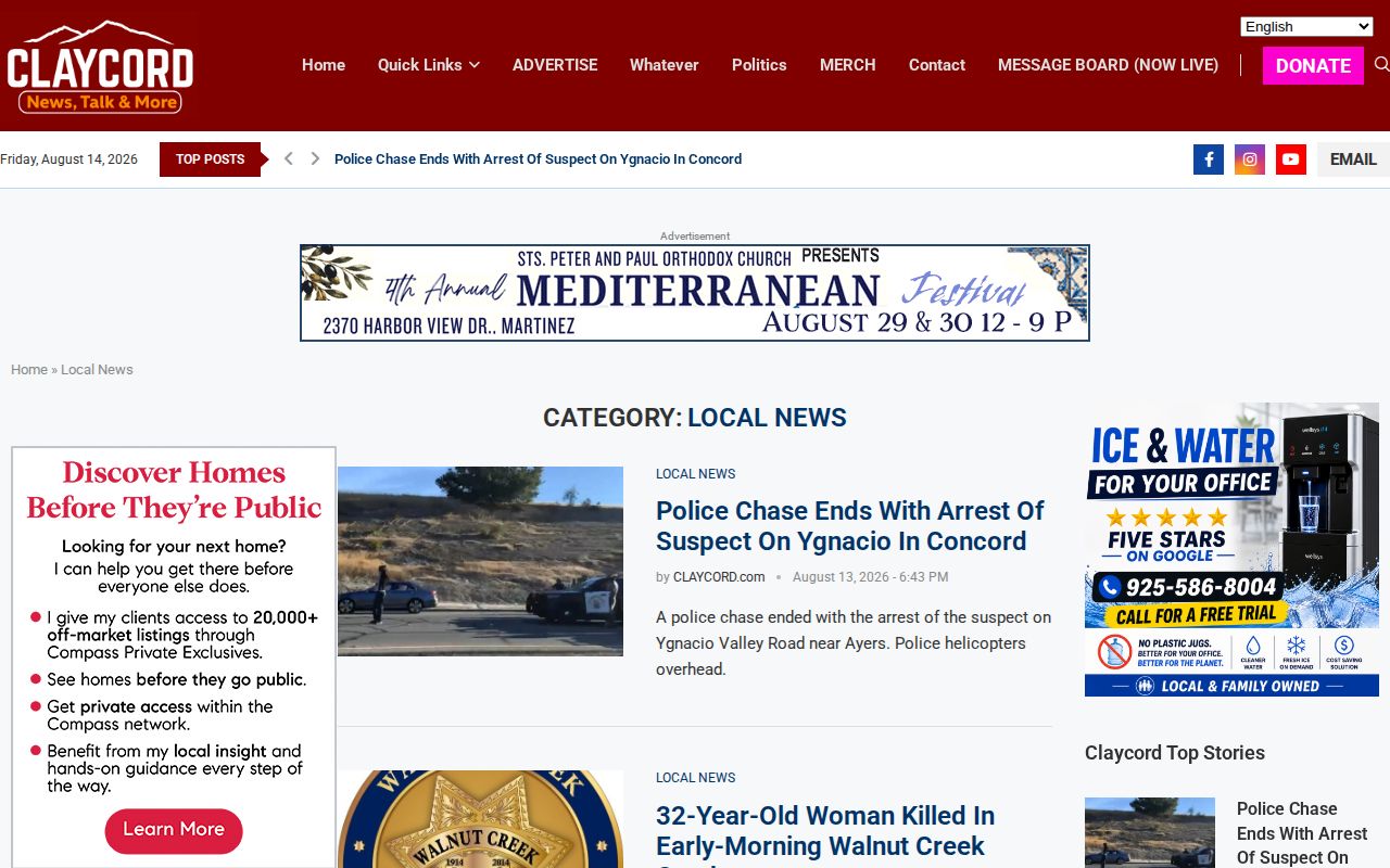Contra Costa County arrest news on the CLAYCORD local news landing