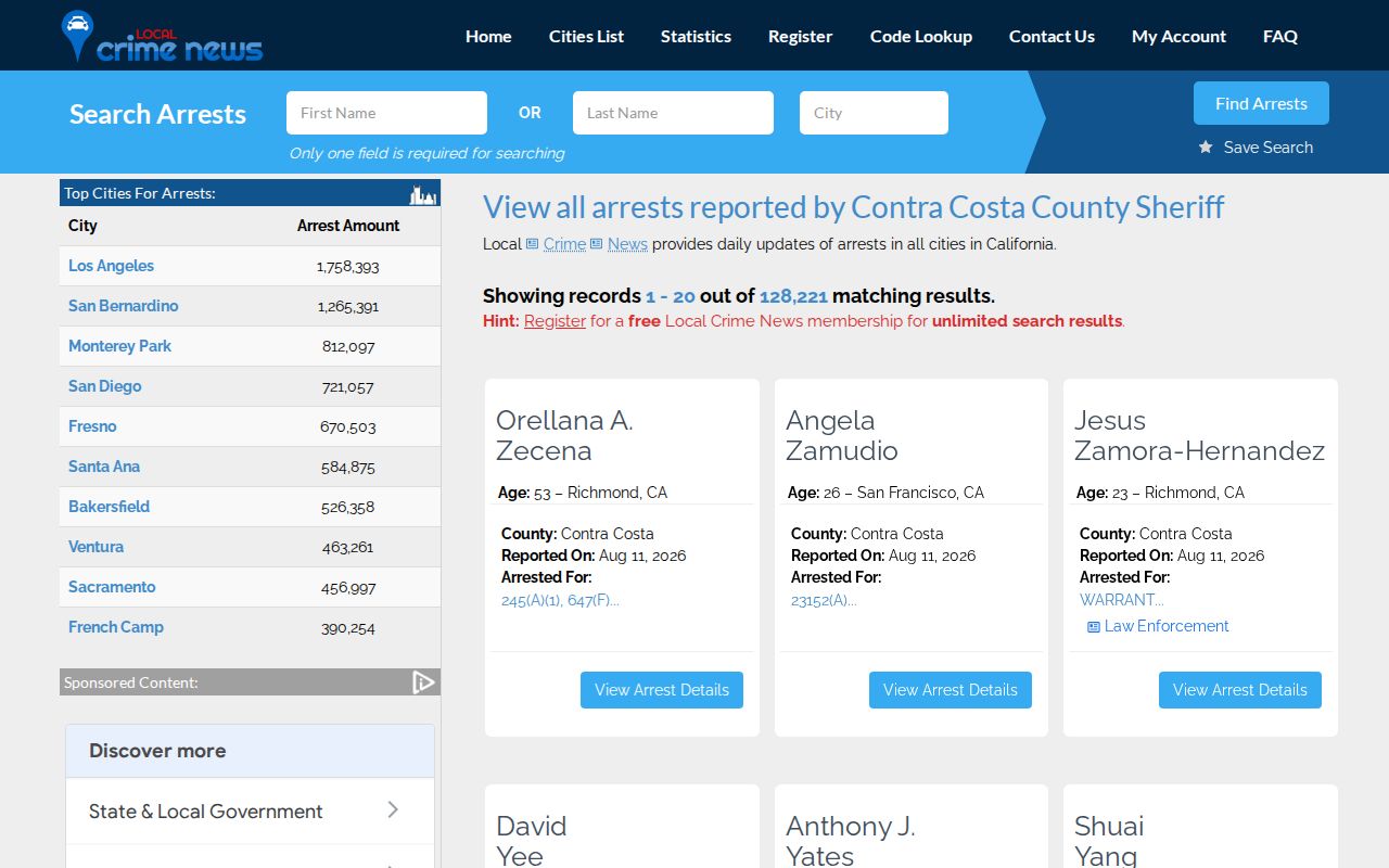 Unofficial Contra Costa County arrest news index landing