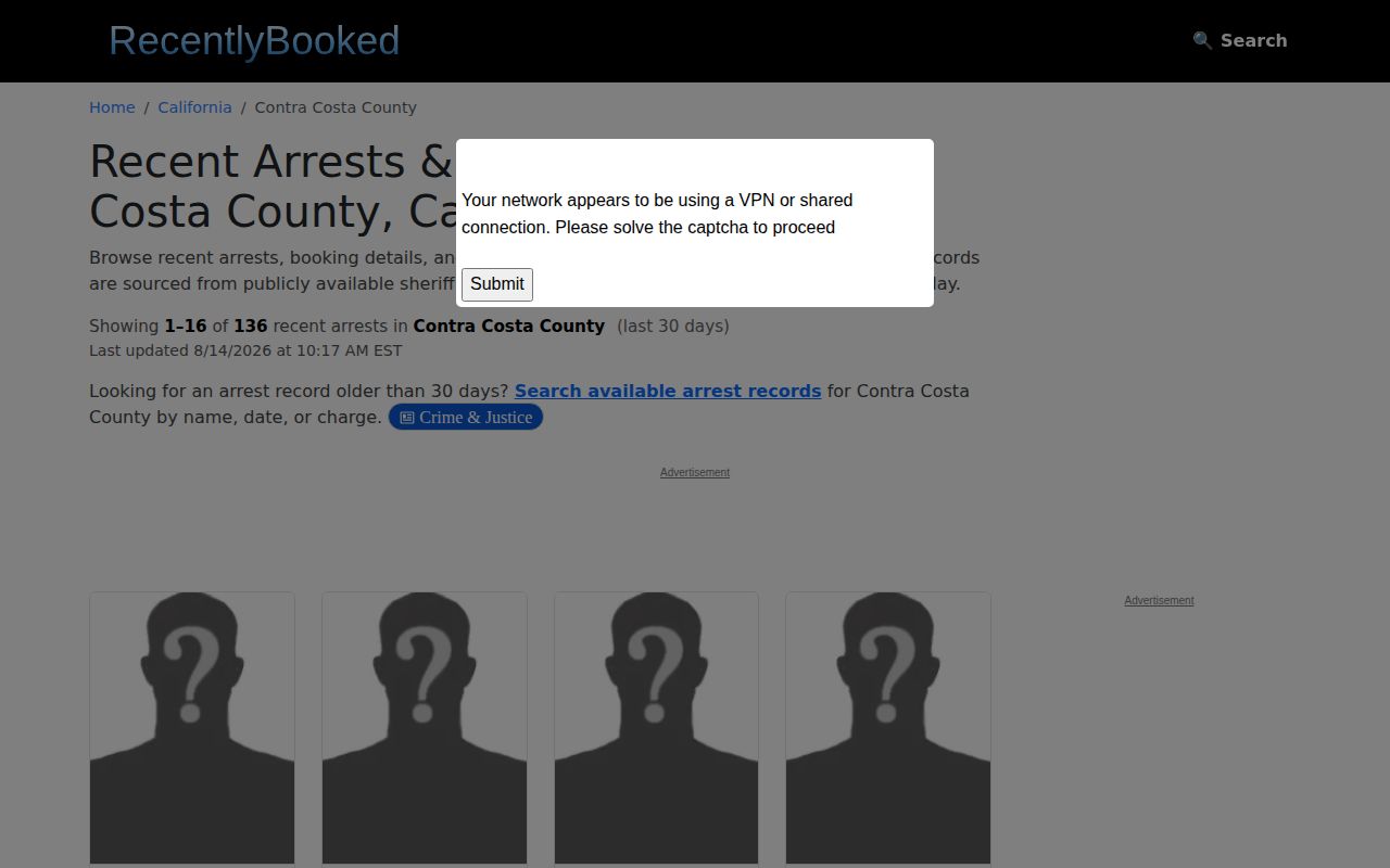 Unofficial Contra Costa County recent booking record landing page