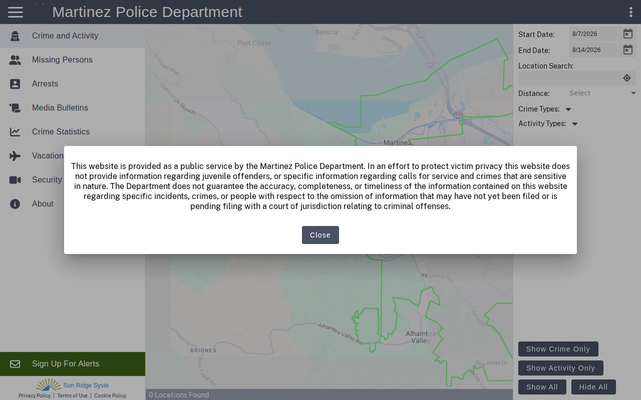 Martinez Citizen RIMS arrest activity and booking context in Contra Costa County