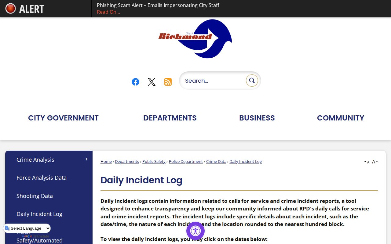 Richmond Police Daily Incident Log arrest record archive in Contra Costa County